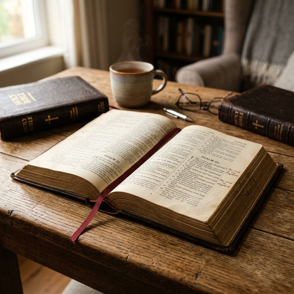 Open Bible displaying Psalm 22 and Psalm 23 on a wooden table with a coffee cup and eyeglasses