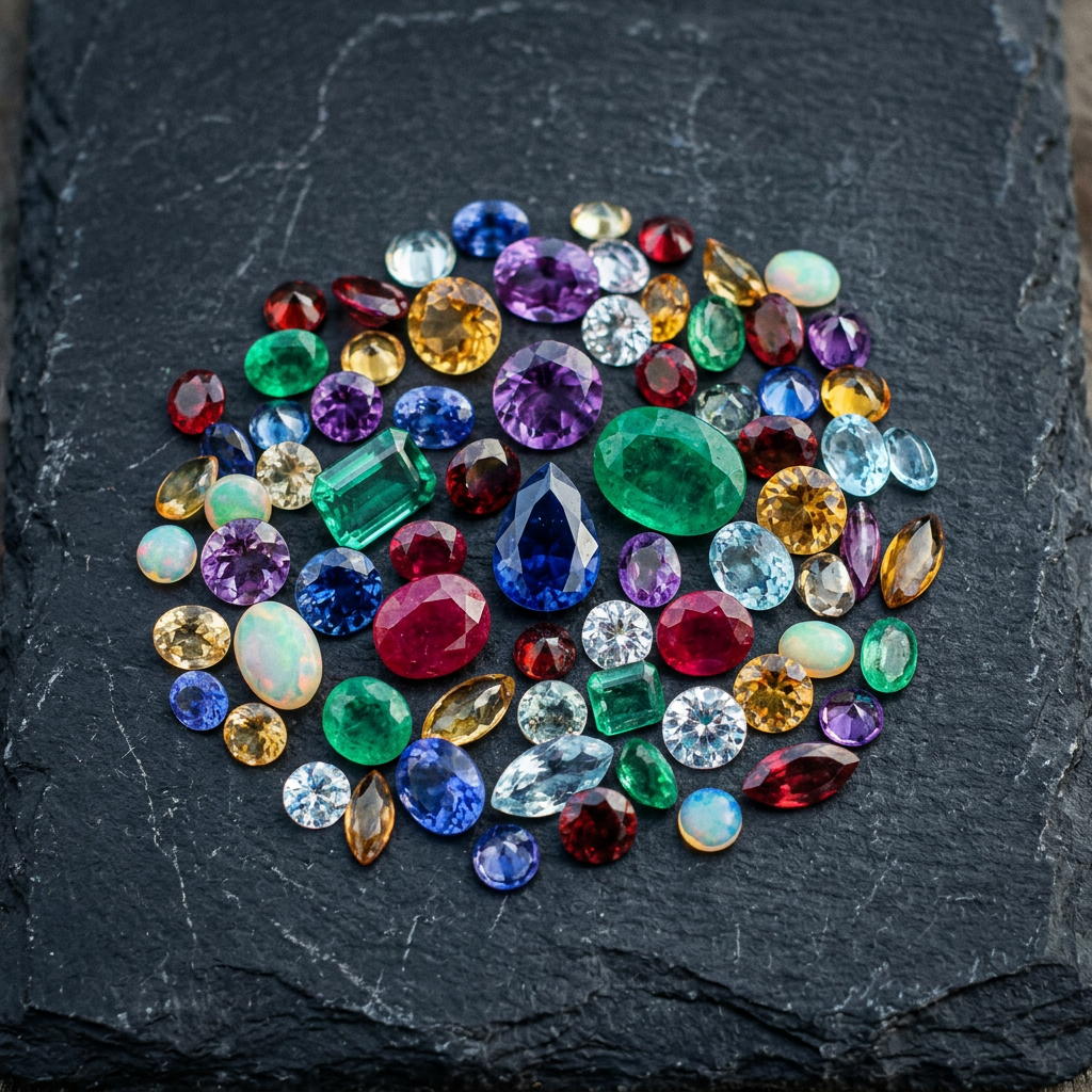 Assorted polished gemstones in various colors and shapes on dark background